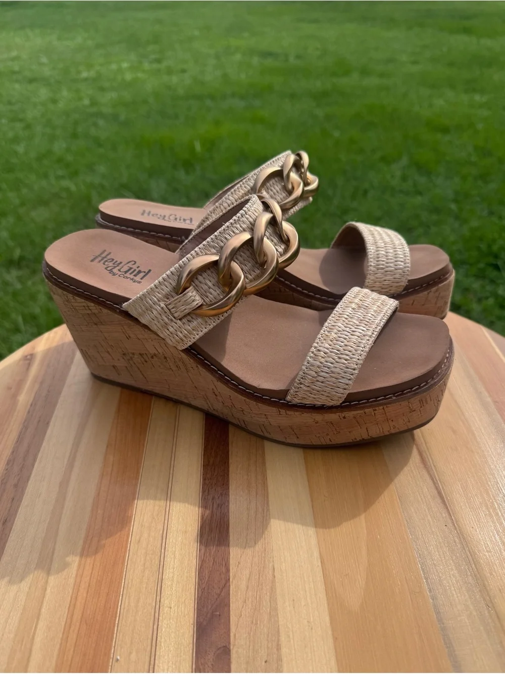 Ladies Corkys Hey Girl Woven Cork Wedge Sandals in Natural